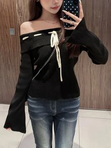 FRIFUL Women's Autumn Off-Shoulder Contrast Color Drawstring Tie Flare Sleeve Sweater Long Sleeve Tops - Black - View 6