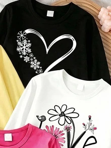 SHEIN 5件裝女孩休閒可愛花卉、愛心、豹紋與字母圖案長袖T恤，舒適適合秋冬穿著，可單穿或疊穿 - 彩色 - 查看 6