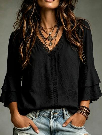 LUMIGAL Women's Casual Daily Commute Simple Solid Color Lace V-Neck Stitching Ruffle Sleeve Blouse