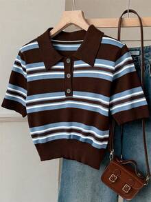 SHEIN EZwear 女款條紋 Polo 領短袖休閒針織上衣 - 藍色 - 查看 1