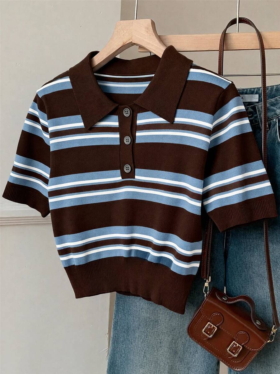 SHEIN EZwear 女款條紋 Polo 領短袖休閒針織上衣 - 藍色 - 查看 1