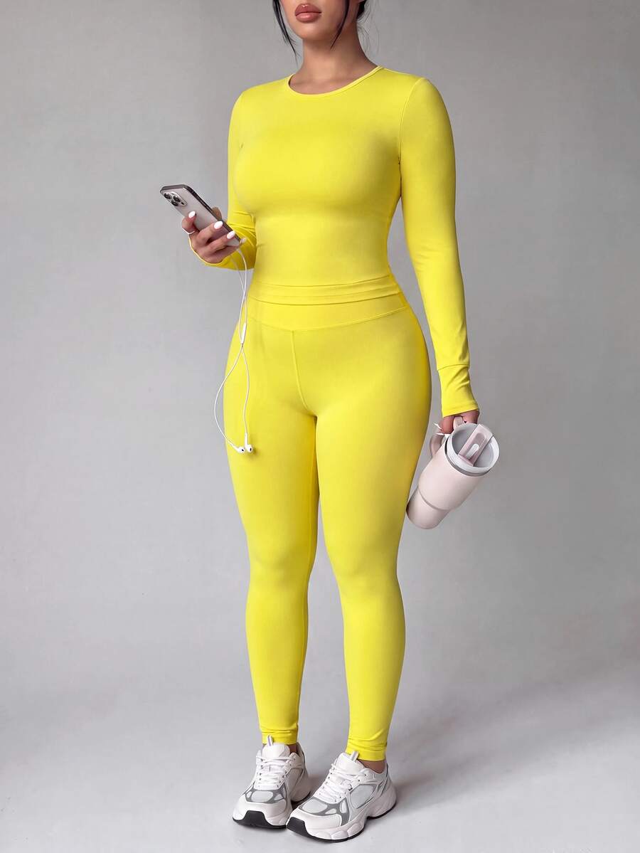SHEIN Velisys Set Pakaian Olahraga Slayform Wanita Ukuran Plus Warna Polos dengan Atasan Crop dan Legging Belakang Terbuka - Kuning - View 1