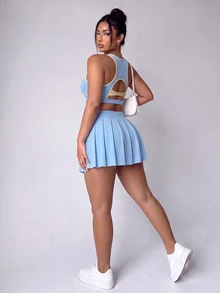 SHEIN Velisys Plus Size Women's Colorblock Cropped Top And Pleated Mini Skirt Sporty Set - Baby Blue - View 2