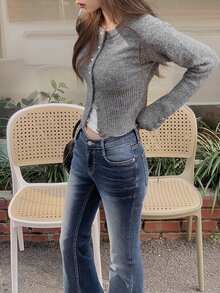 DAZY Women's Fitted Short Knit Cardigan With Long Sleeves, Round Neck, Casual Sexy Vacation Style, Spring/Autumn - Grey - View 6