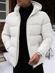 Manfinity Homme 男士米色華夫格紋絎縫連帽羽絨外套，拉鍊開合附口袋，寬鬆短版秋冬休閒街頭校園穿搭外套 - 杏色 - 查看 1