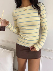 SHEIN EZwear 休閒極簡風黃色不對稱條紋 95%棉 全身印花 女款圓領長袖T恤，適合秋冬，百搭層次穿搭 - 彩色 - 查看 5