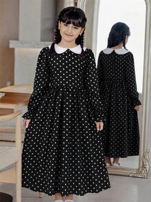 SHEIN Tween Girl Elegant Polka Dot Print Dress For Autumn/Winter - Black and White - View 1