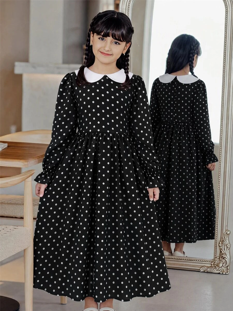 SHEIN Tween Girl Elegant Polka Dot Print Dress For Autumn/Winter - Black and White - View 1