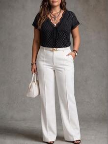 SHEIN Plus Size Women's Lace Patchwork Polka Dot Casual Daily T-Shirt - Multicolor - View 3