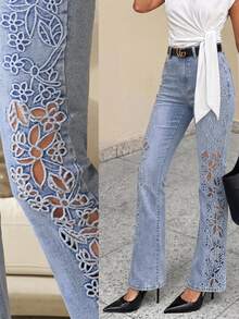 SHEIN PETITE Women's Hollow Floral Embroidered Jeans - Blue - View 6