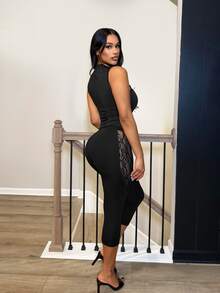 BamGleam Street Style Fishnet Sheer Bodysuit FASHION Letter Webbing Round Neck Bodysuit - Black - View 2