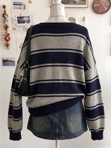 Lalippa Plus Size Colorblock Striped V-Neck Drop Shoulder Loose Sweater - Dark Grey - View 2
