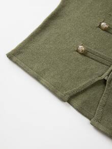 SHEIN Jaket Rajut Kerah Tegak Musim Gugur/Musim Dingin, Kardigan Pendek Pas Badan dengan Kancing Emas Dekoratif dan Resleting - Hijau Tentara - View 8