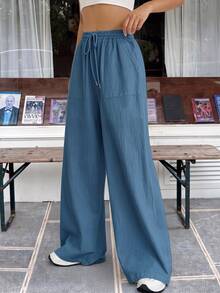 SHEIN EZwear 休閒寬鬆藍色梭織長褲 - 藍色 - 查看 2
