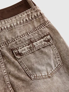 ROMWE Street Life Celana Jeans Denim Amerika Serbaguna Gaya Jalanan Vintage Wanita dengan Pinggang Kontras dan Banyak Kantong - Khaki - View 4