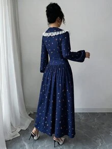 Modelyn 女款海軍藍小碎花印花蕾絲娃娃領前開鈕扣主教袖收腰A字喇叭裙擺中長洋裝，復古田園風，適合秋季感恩節 - 藏蓝色 - 查看 2