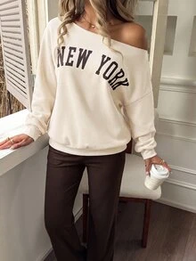 SHEIN 青少年女孩露肩字母印花運動衫、喇叭長褲套裝，秋季穿搭，自由，冬季 - 彩色 - 查看 3