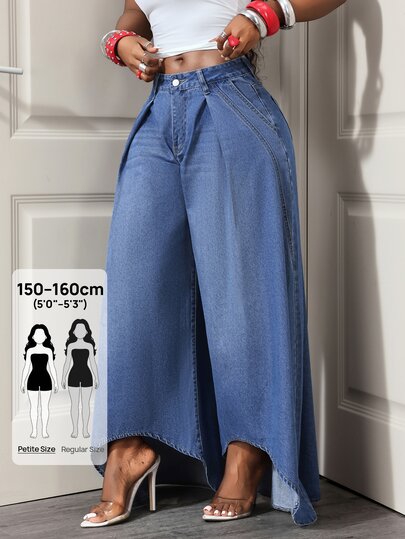 SHEIN PETITE Jeans de mezclilla casuales holgados de pierna ancha con diseño plisado para mujer