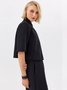 KÆRIA Hus Architectural Stand Collar Cropped Blazer - Textured Tailoring - Black - Matching Suit, Business, Set Office, Work, Classic, Cropped, Chic - Black - View 6