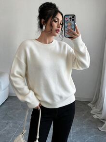 SHEIN Elenzya Elegant Round Neck Long Sleeve Back Slit Niche Design Women's Sweater - White - View 4