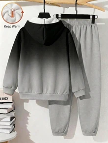 青少年男孩休閒極簡長袖連帽舒適衛衣 2 件套，適合秋冬 - 彩色 - 查看 2