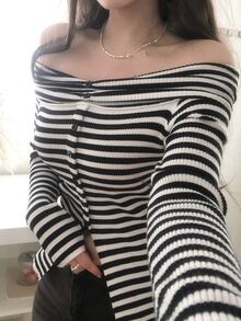 DAZY Women's Striped Long Sleeve Korean Style Elegant T-Shirt Vacation - White - View 6