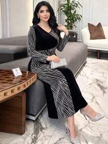 Modelyn Gold & Silver Metallic Zebra Print Patchwork Velvet Fitted Bodycon Long Sleeve Elegant Plus Size Women's Dress, Suitable For Date & Party Occasions - Multicolor - View 4