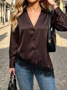 SHEIN PariChic Women's Brown V-Neck Satin Texture Asymmetric Hem Lace Trim Long Sleeve Blouse, Suitable For Daily Commute Wear - Brown - View 3