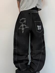 STEELVANCE Celana Jeans Denim Kasual Gaya Retro Streetwear Serbaguna dengan Desain Lusuh, Banyak Saku, Patchwork Bintang, dan Bordir Huruf (Sabuk dan Aksesoris Tidak Termasuk) - Hitam - View 2
