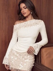 Anewsta Women's Elegant Romantic Heavy Embellished Lace Trim Beaded Base Layer Top Wedding Date Dinner Off White Fall - Apricot - View 4