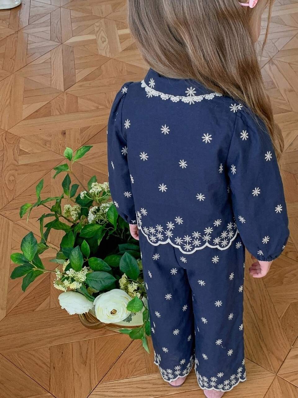 Young Girl Fall Clothes Young Girls' Lapel Puff Sleeve Casual Top + Embroidered Design Skirt 2 Pieces Set Summer