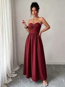 Selianne Summer New Bohemian Style Long Strapless Dress, Sexy Back Cutout, Floral Print, Bandeau Dress, Elegant Summer Dress, Women's Long Summer Dress, Beach Dress, Suitable For Holiday, Picnic, Beach Activities - Burgundy - View 5
