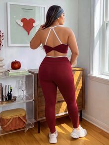 Sovereign Charm Women's Plus Size Colorblock Cropped Camisole And Leggings Sports Set - Red - View 2