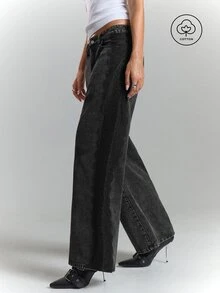 BAD SUNDAY Women's Wide Leg Loose Casual Versatile Denim Jeans With Pockets - Black - View 1