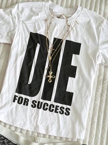 SHEIN Plus Size Summer Casual Letter Print T-Shirt - White - View 4