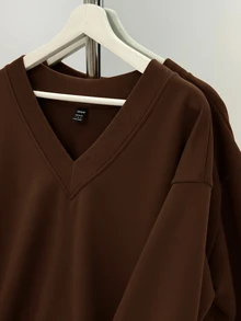 SHEIN EZwear 休閒極簡風 V 領寬鬆大版運動衫，適合秋冬穿著 - 棕色 - 查看 5