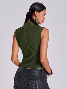 ROMWE Summer Vacation Y2K Hot Girl Metallic Airplane Buckle Slim Fit Stand Collar Open Front Tank Top - Army Green - View 4
