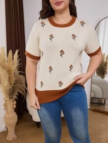 Lacomfia Sweater Lengan Pendek Motif Bunga Kasual Musim Gugur Ukuran Besar - MultiWarna - View 3