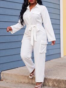 Slaydiva Autumn/Winter Plus Size White Utility Jumpsuit With Collar, Belt, Cinched Waist And Wide Leg - White - View 4