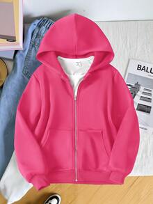 SHEIN 青少年女孩秋冬休閒連帽開襟外套 - 玫紅色 - 查看 6