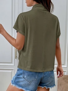 SHEIN Essnce 女款休閒純色立領短袖T恤 - 軍綠色 - 查看 2