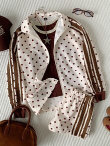 Comfortcana Women's Polka Dot Print Zipper Front Jacket And Shorts Casual 2 Pieces Set - Apricot - View 6