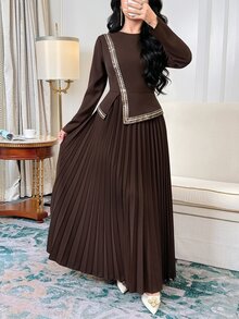 Feyla Women's Elegant Long Dress With Patchwork Sequin Trim And Pleated Hem - Coffee - View 5