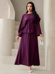 Veilorie Women's Solid Color Asymmetric Design Long Sleeve Top And Skirt Elegant Arabic Outfit Set - Purple - View 1