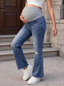 SHEIN Quần jeans bầu ống đứng dài đến mắt cá chân - Rửa trung bình - Xem 4