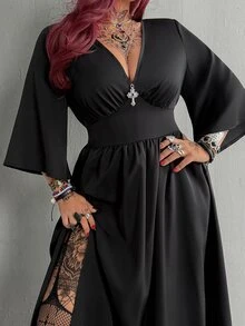 Whyspr Gaun Panjang Lengan 3/4 Kasual Leher V Modis untuk Wanita, Cocok untuk Halloween - Hitam - View 4