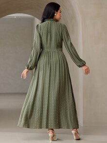 Veilorie Women's French Polka Dot Print Drawstring Tie Ruched Dress - Green - View 2