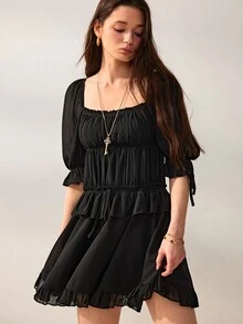 Willow Rêve Women's A-Line Black Mini Dress,Solid Color,Pleated Square Neck,Ruffle Short Sleeves,Summer Western Boho Romantic Elegant Casual,Vacation Party - Black - View 4