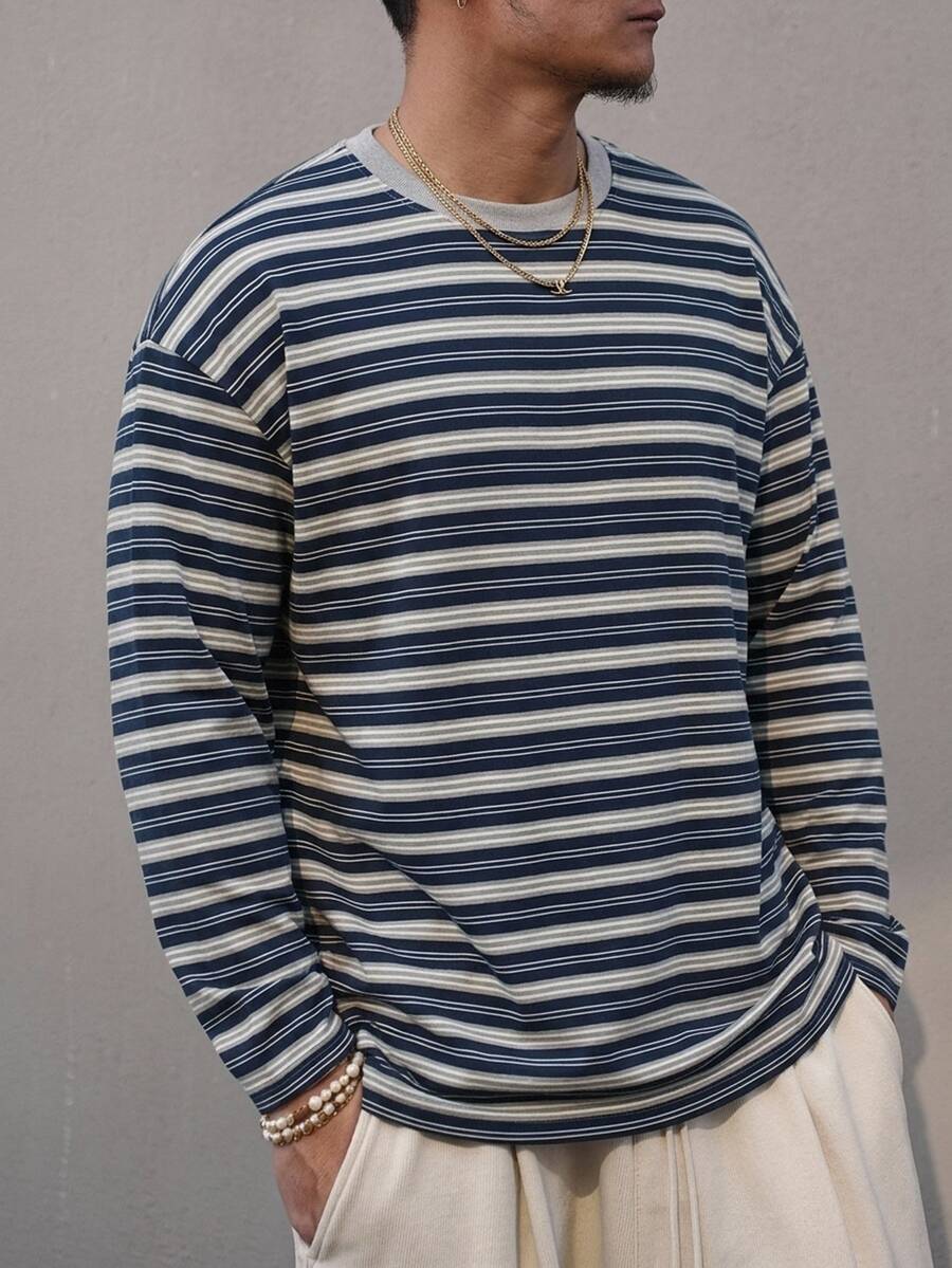 DAZY 春秋款藍灰色條紋寬鬆舒適針織圓領男士T恤 - 彩色 - 查看 1