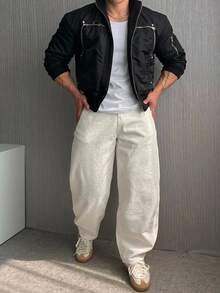 DAZY Spring/Autumn White Washed Distressed Straight Leg Loose Fit Korean Style Men's Plus Size Jeans - White - View 3